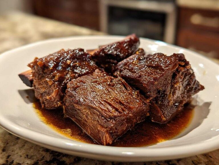 Close-up of tender, braised Filipino Beef Short Ribs Adobo pieces glistening in a rich, dark sauce on a white plate.