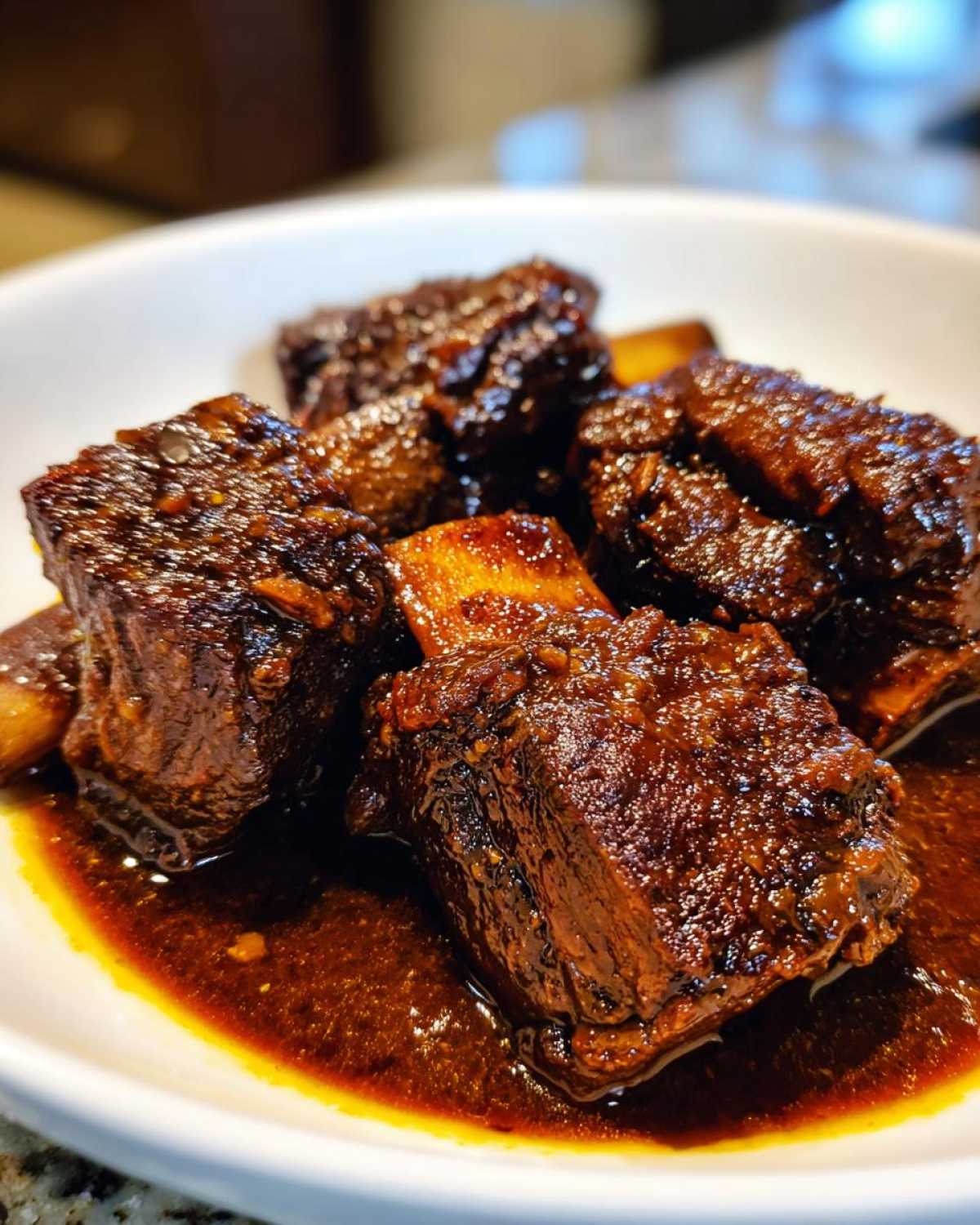 Close-up of tender, dark, glazed Filipino Beef Short Ribs Adobo pieces swimming in rich brown sauce in a white bowl.