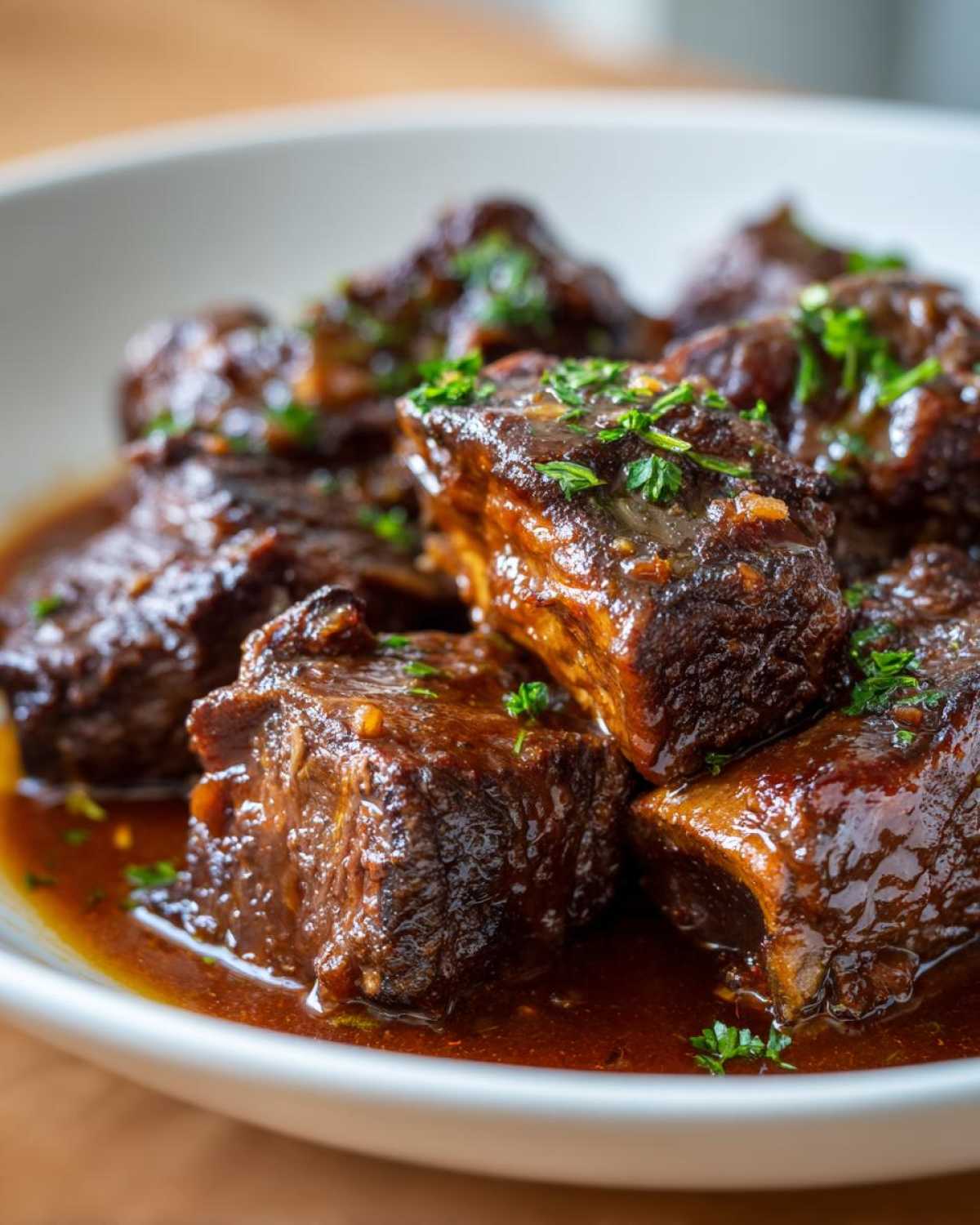 Close-up of tender, rich Filipino Beef Short Ribs Adobo pieces coated in dark sauce and garnished with parsley.
