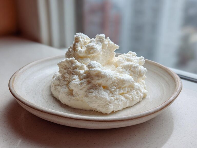 A mound of white, fluffy 2-Ingredient Fluffy Cloud Dough sitting on a small, speckled ceramic plate.