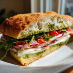 Cross-section of a Focaccia Grinder Sandwich with pesto, arugula, meats, and cheese, showing its many layers.