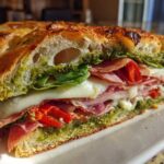 Cross-section view of a hearty Focaccia Grinder Sandwich with pesto, meats, mozzarella, and roasted red peppers.
