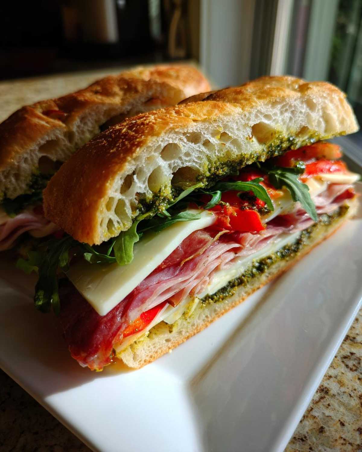 Close-up of a Focaccia Grinder Sandwich cut in half, showing layers of pesto, meats, cheese, and arugula.
