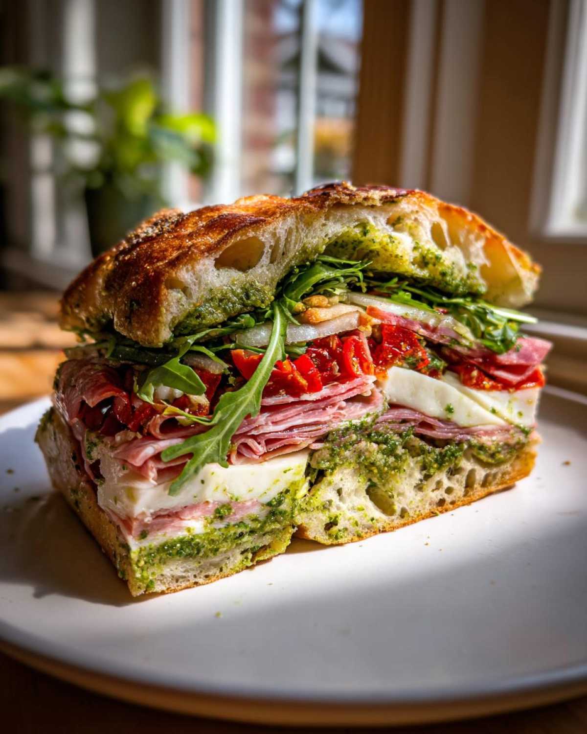 A delicious, tall cross-section of a Focaccia Grinder Sandwich with Pesto, layered with meats, mozzarella, and arugula.