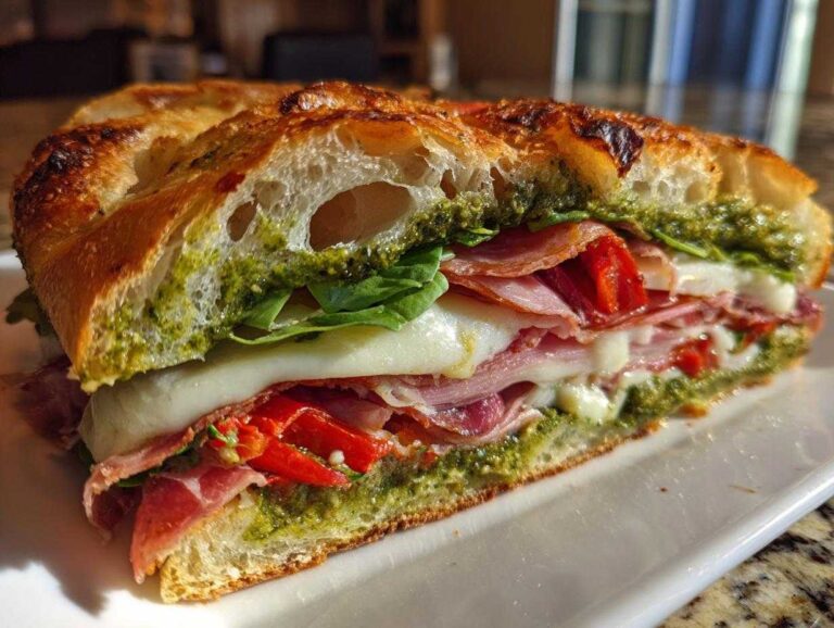 Cross-section view of a hearty Focaccia Grinder Sandwich with pesto, meats, mozzarella, and roasted red peppers.