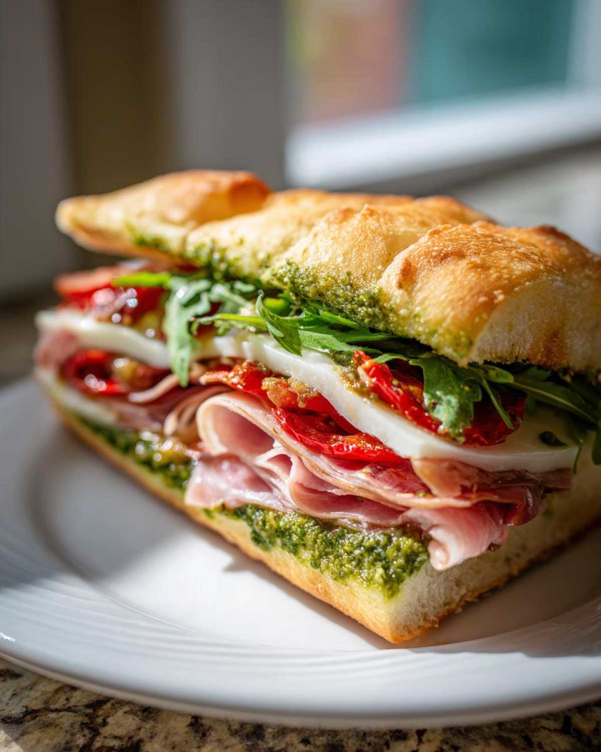 A cross-section view of a Focaccia Grinder Sandwich with pesto, ham, mozzarella, sun-dried tomatoes, and arugula.