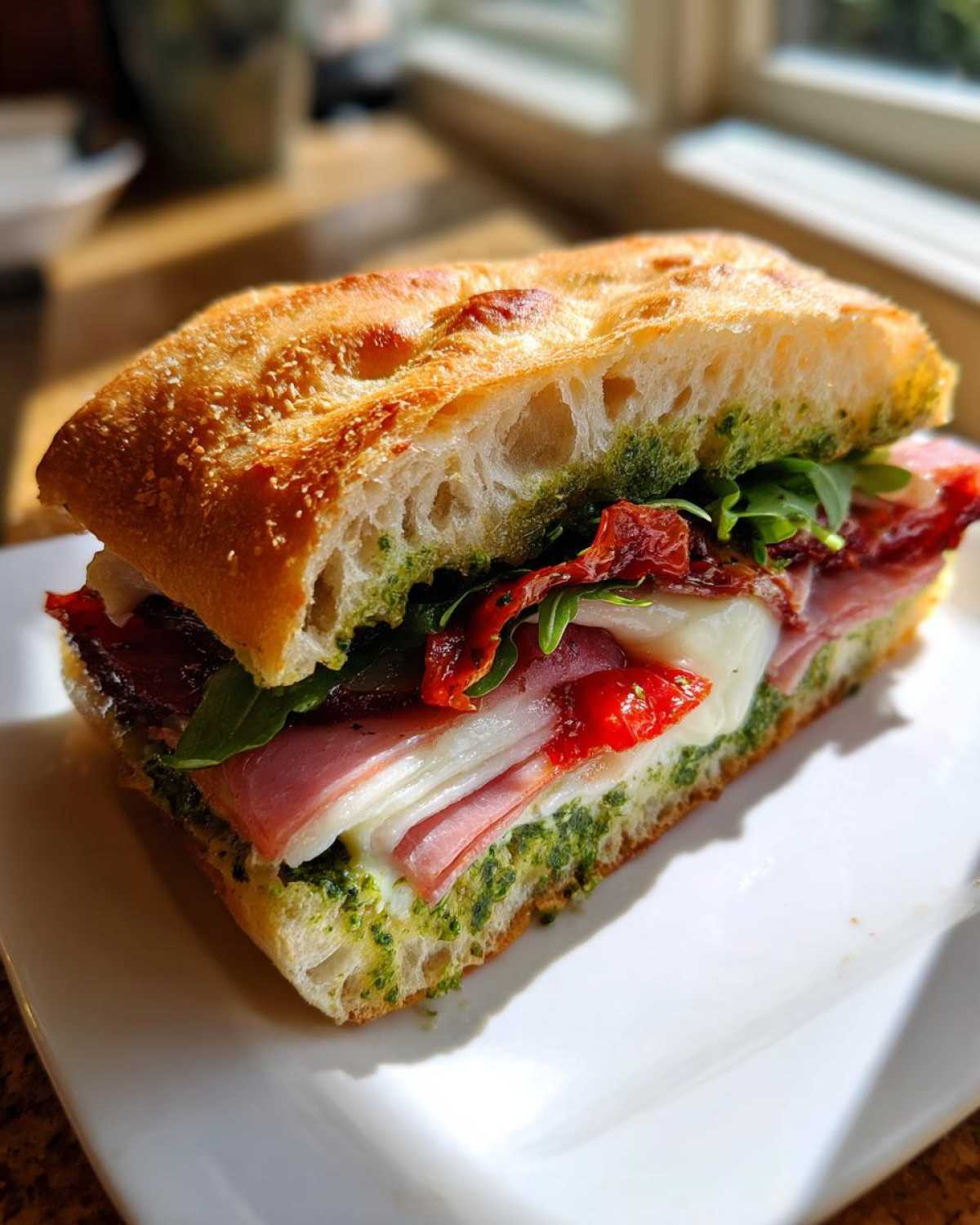 A close-up of a Focaccia Grinder Sandwich cut in half, showing layers of meat, cheese, arugula, sun-dried tomatoes, and bright green pesto.