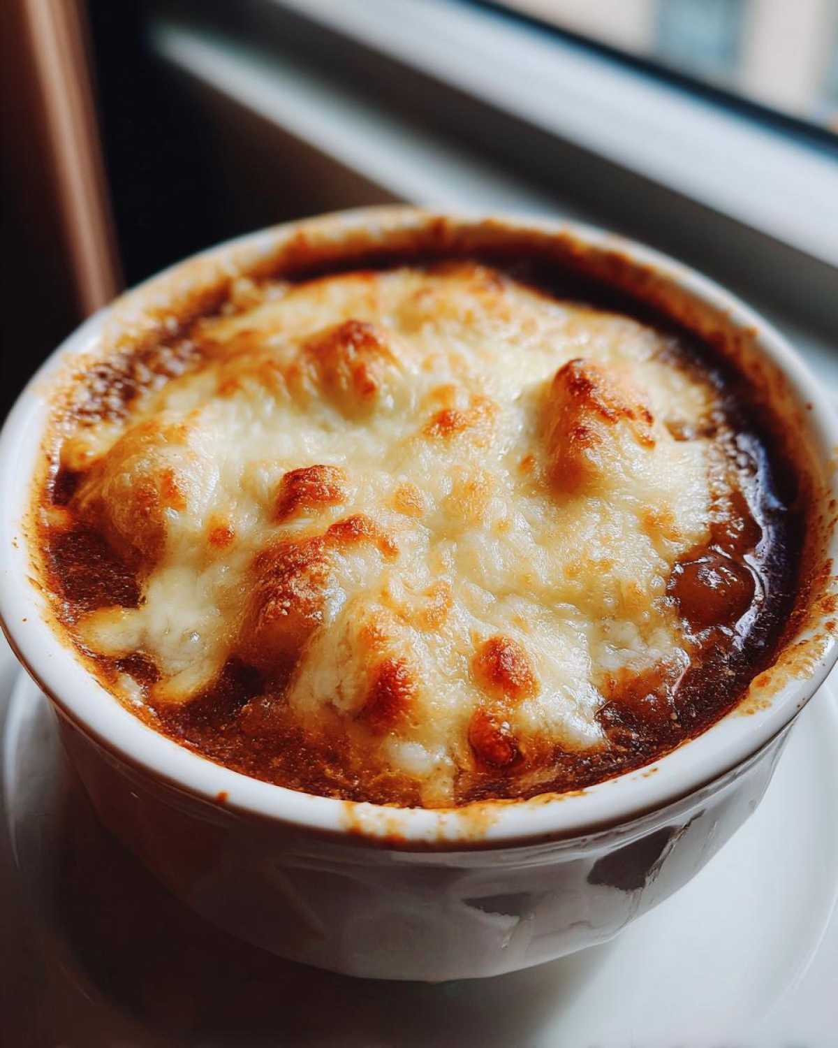 Close-up of a bowl of French Onion Gnocchi Soup topped with melted, bubbly, and browned cheese.