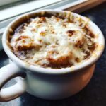 Close-up of a white mug filled with rich French Onion Gnocchi Soup topped with melted, bubbly cheese.