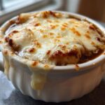 Close-up of a white crock filled with French Onion Gnocchi Soup, topped with melted, browned cheese.