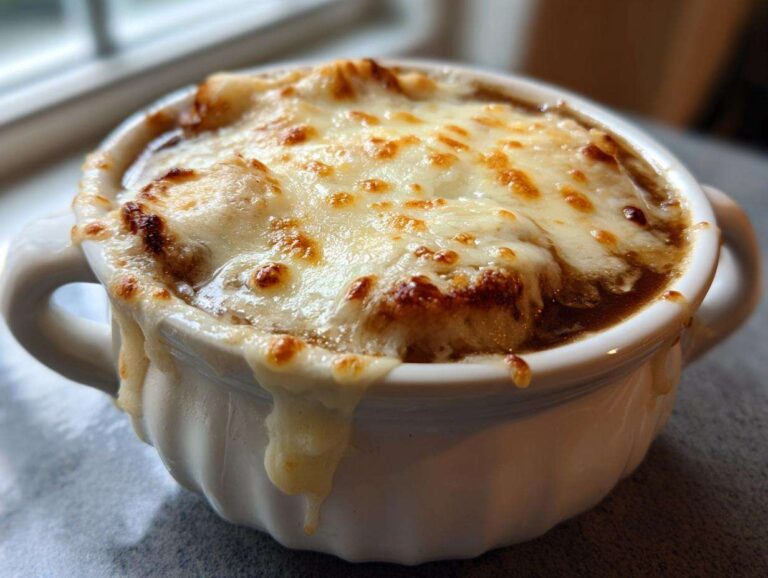 Close-up of a white crock filled with French Onion Gnocchi Soup, topped with melted, browned cheese.