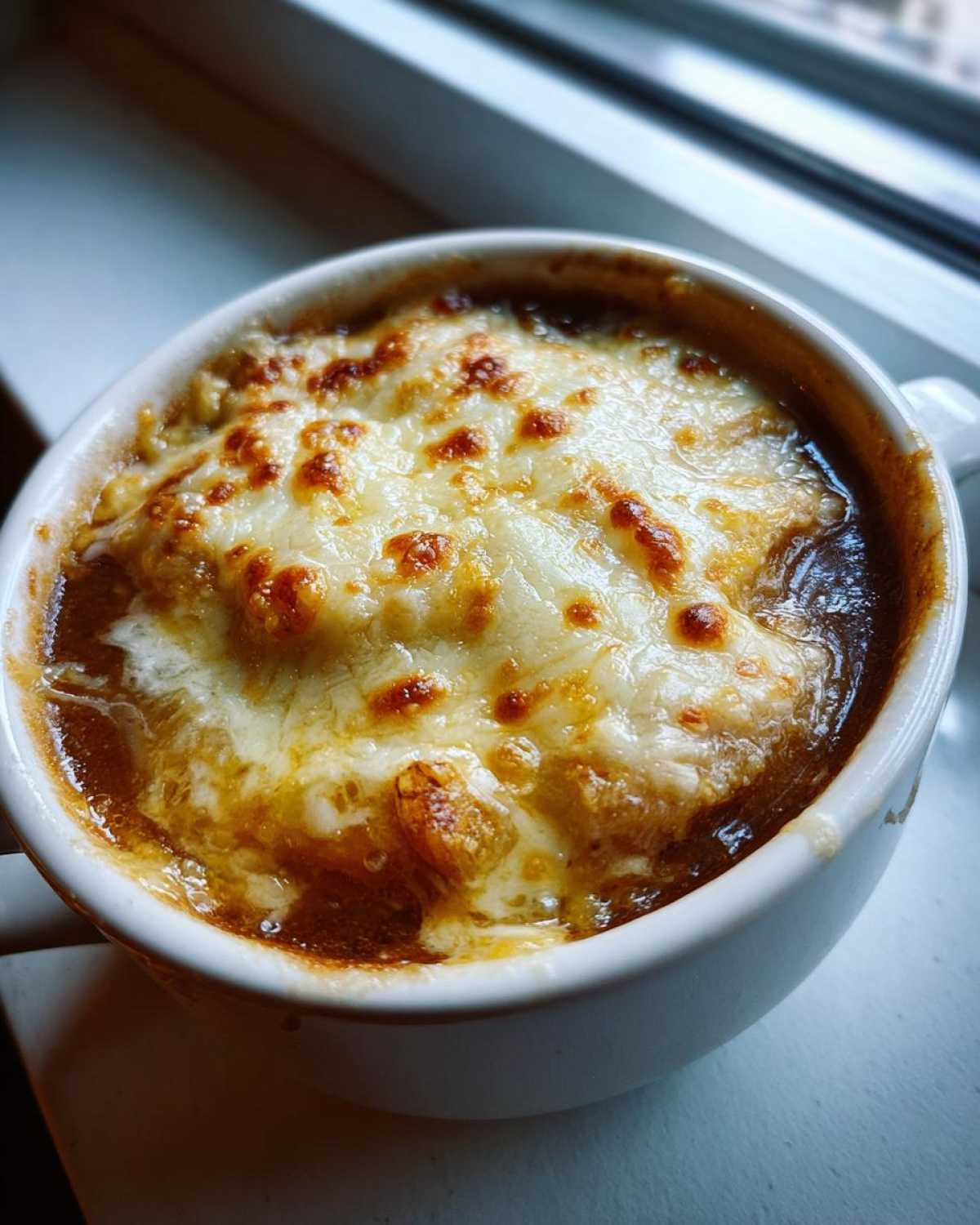 Close-up of rich French Onion Gnocchi Soup topped with melted, bubbly, and browned cheese.