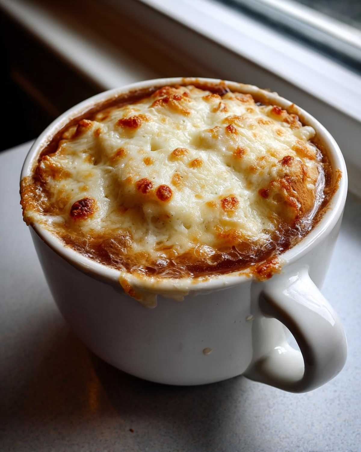 A close-up of French Onion Gnocchi Soup topped with melted, browned cheese served in a white mug.