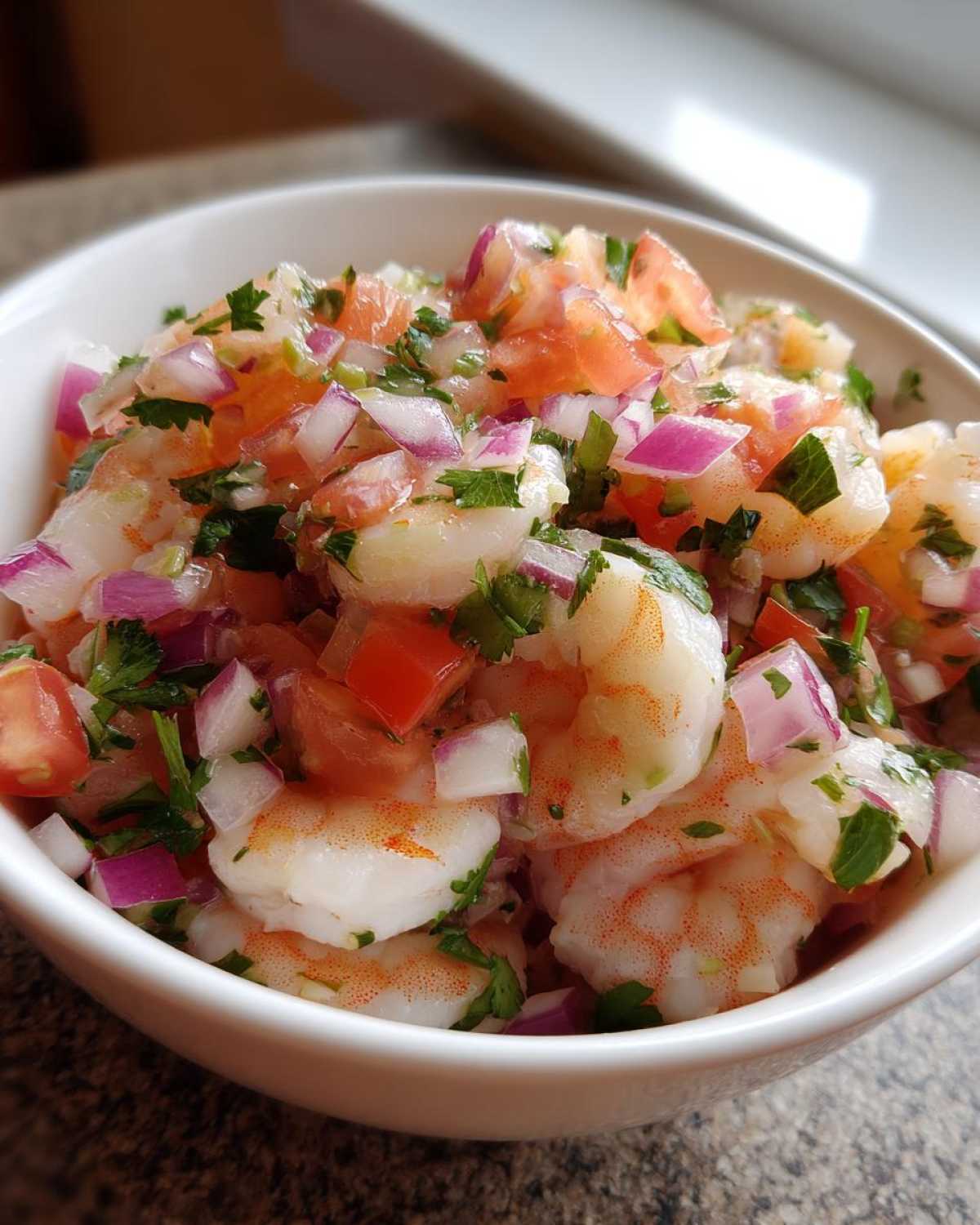 Close-up of a white bowl filled with Fresh Shrimp Ceviche with Citrus, featuring plump shrimp, diced red onion, tomato, and cilantro.