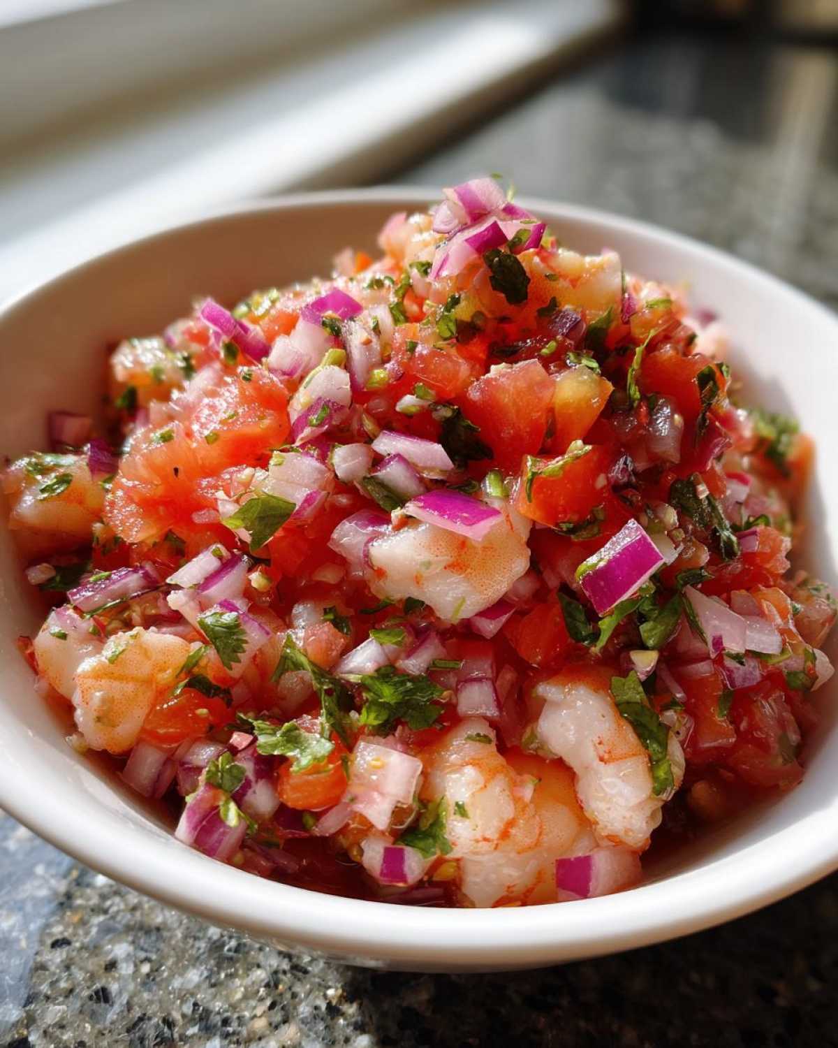 Close-up of a white bowl filled with Fresh Shrimp Ceviche with Citrus, featuring pink shrimp, diced red onion, and tomato.
