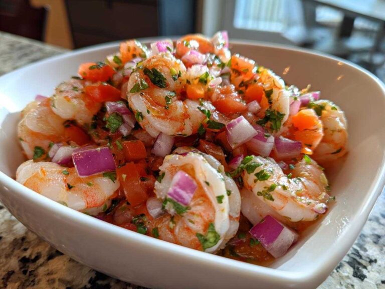 Close-up of vibrant Fresh Shrimp Ceviche with Citrus, featuring plump shrimp, diced red onion, and tomato in a white serving bowl.