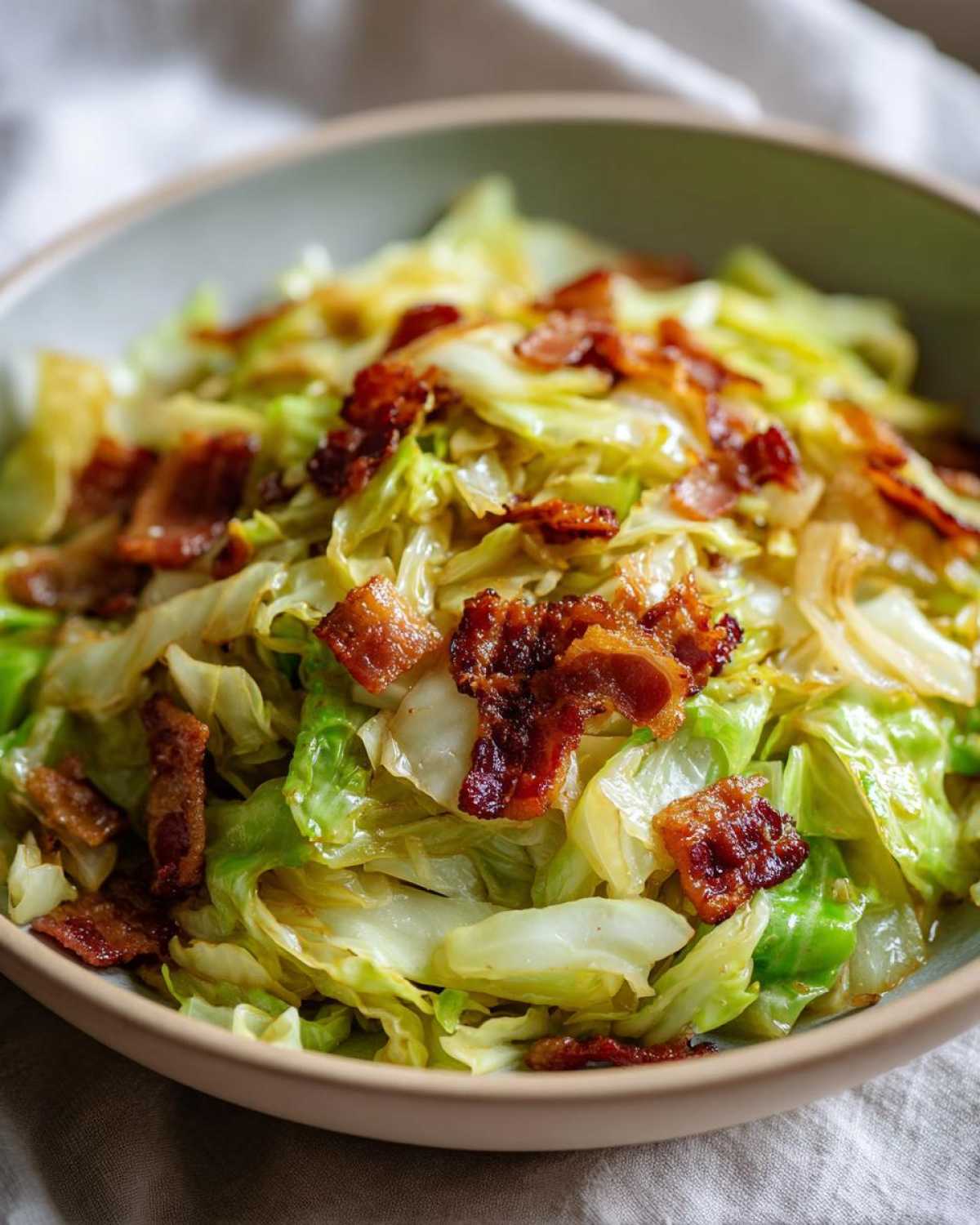 Close-up of a bowl filled with tender, sautéed Fried Cabbage with Crispy Bacon pieces scattered on top.