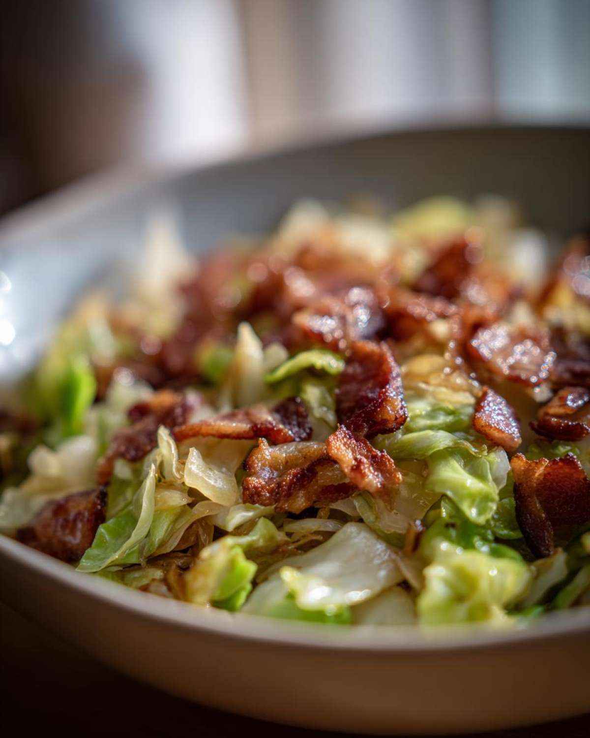 Close-up of a bowl filled with tender Fried Cabbage with Crispy Bacon pieces scattered on top.