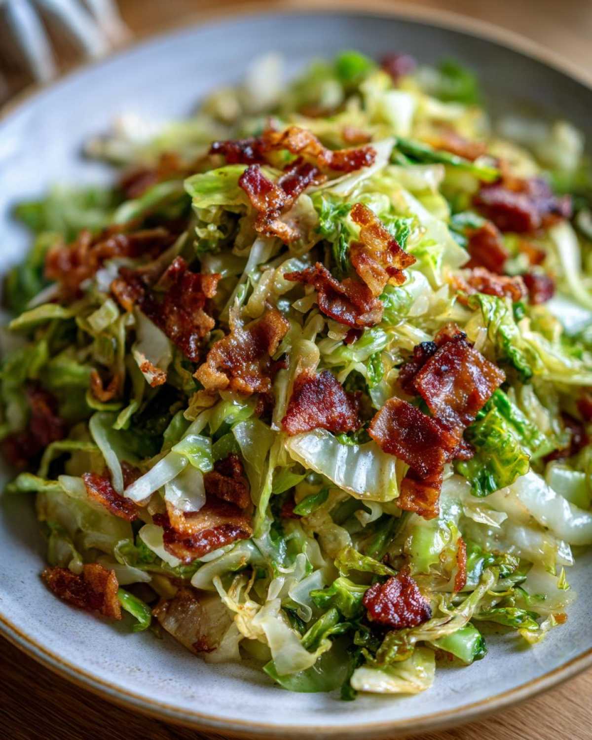 A close-up view of a serving of Fried Cabbage with Crispy Bacon piled high on a light-colored plate.