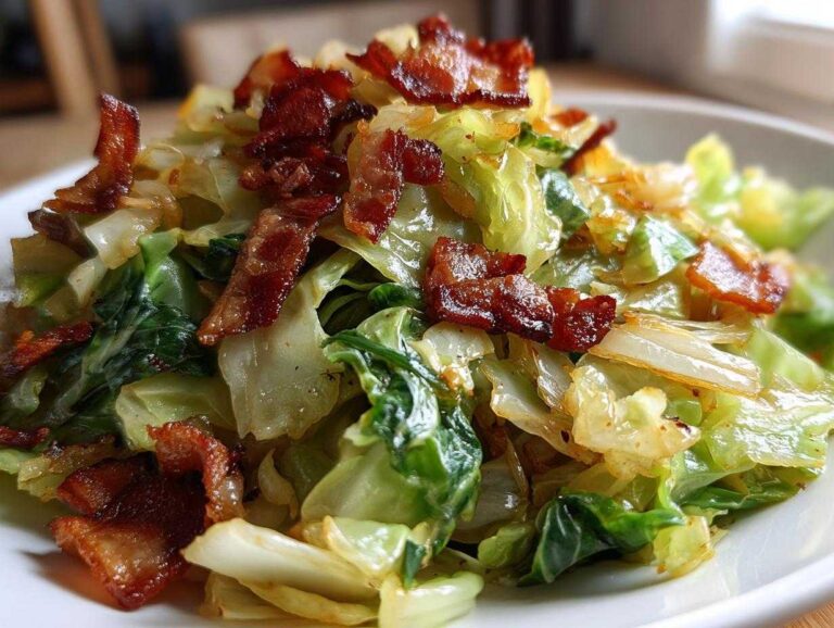 A close-up photo of tender, sautéed Fried Cabbage with Crispy Bacon pieces scattered on top.