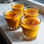 Four small glasses filled with bright orange Ginger Lemon Turmeric Shot, topped with pepper.