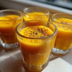 Four small glasses filled with bright orange Ginger Lemon Turmeric Shot, topped with black pepper.