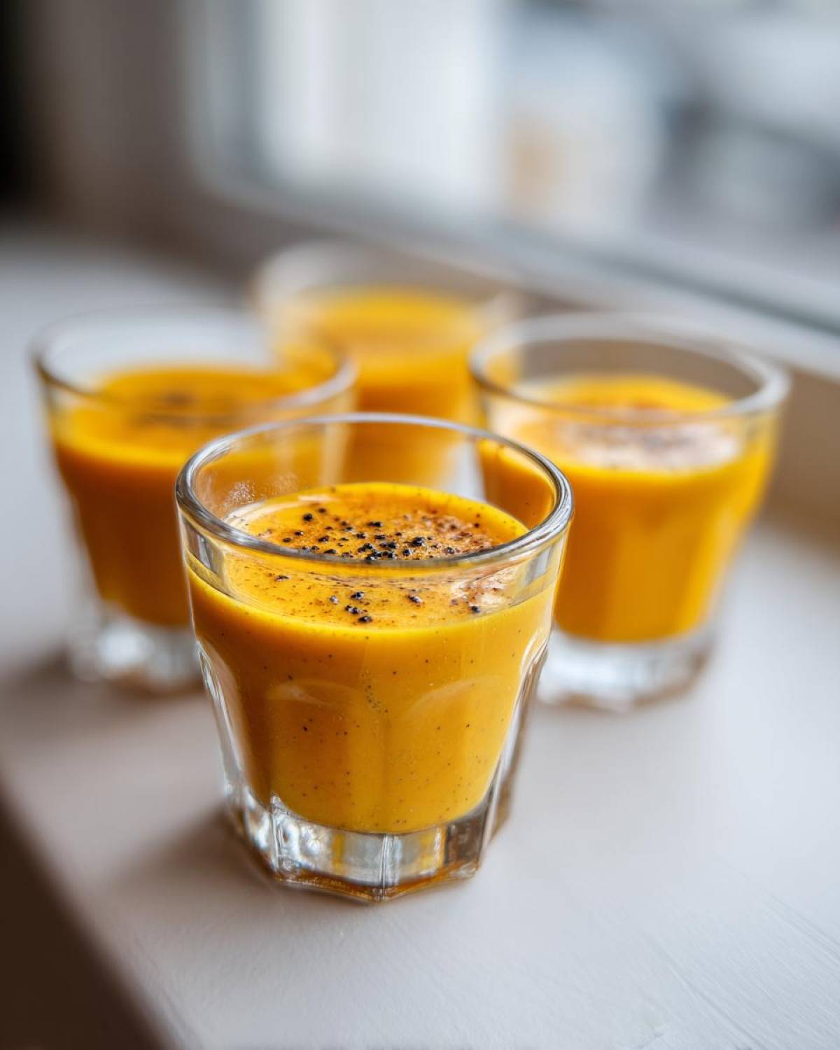 Four vibrant orange Ginger Lemon Turmeric Shots served in small glasses on a white surface near a window.
