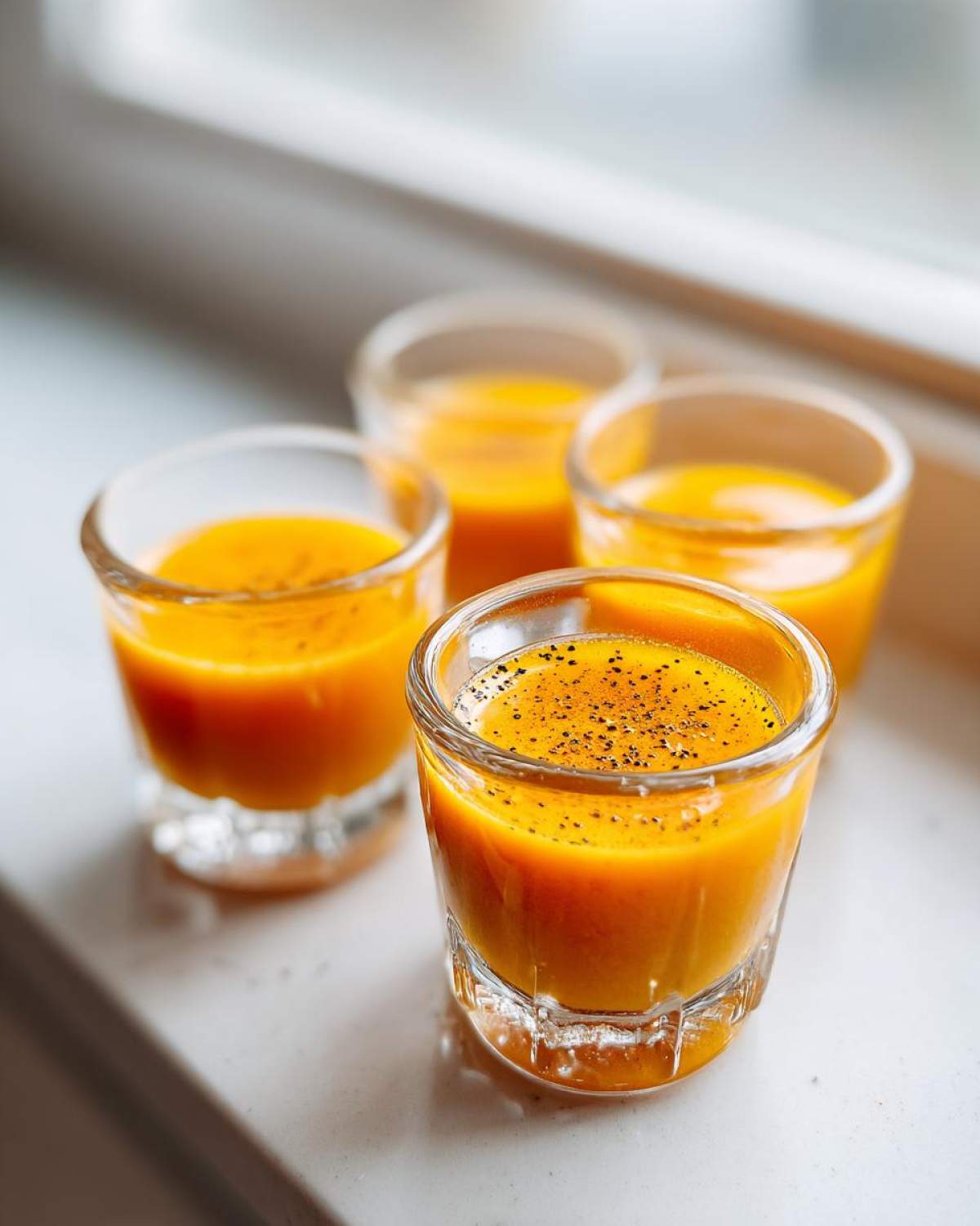 Four small glasses filled with bright orange Ginger Lemon Turmeric Shot, one topped with black pepper.