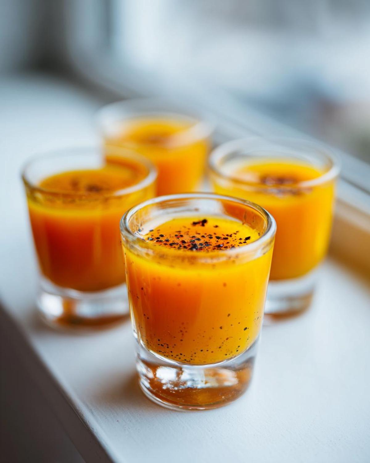 Four bright orange Ginger Lemon Turmeric Shots served in small glasses, sprinkled with black pepper.