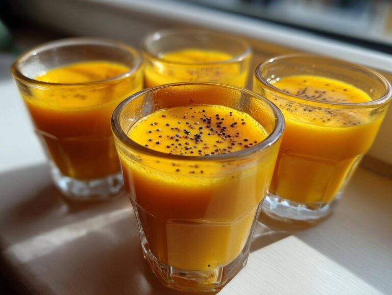 Four small glasses filled with bright orange Ginger Lemon Turmeric Shot, topped with black pepper.