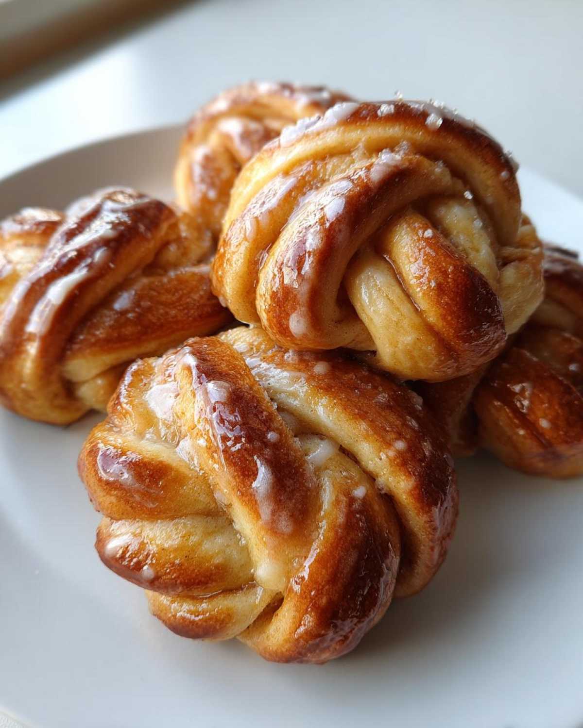 Close-up of several golden-brown Swedish Cardamom Buns, braided and topped with a thin sugar glaze.