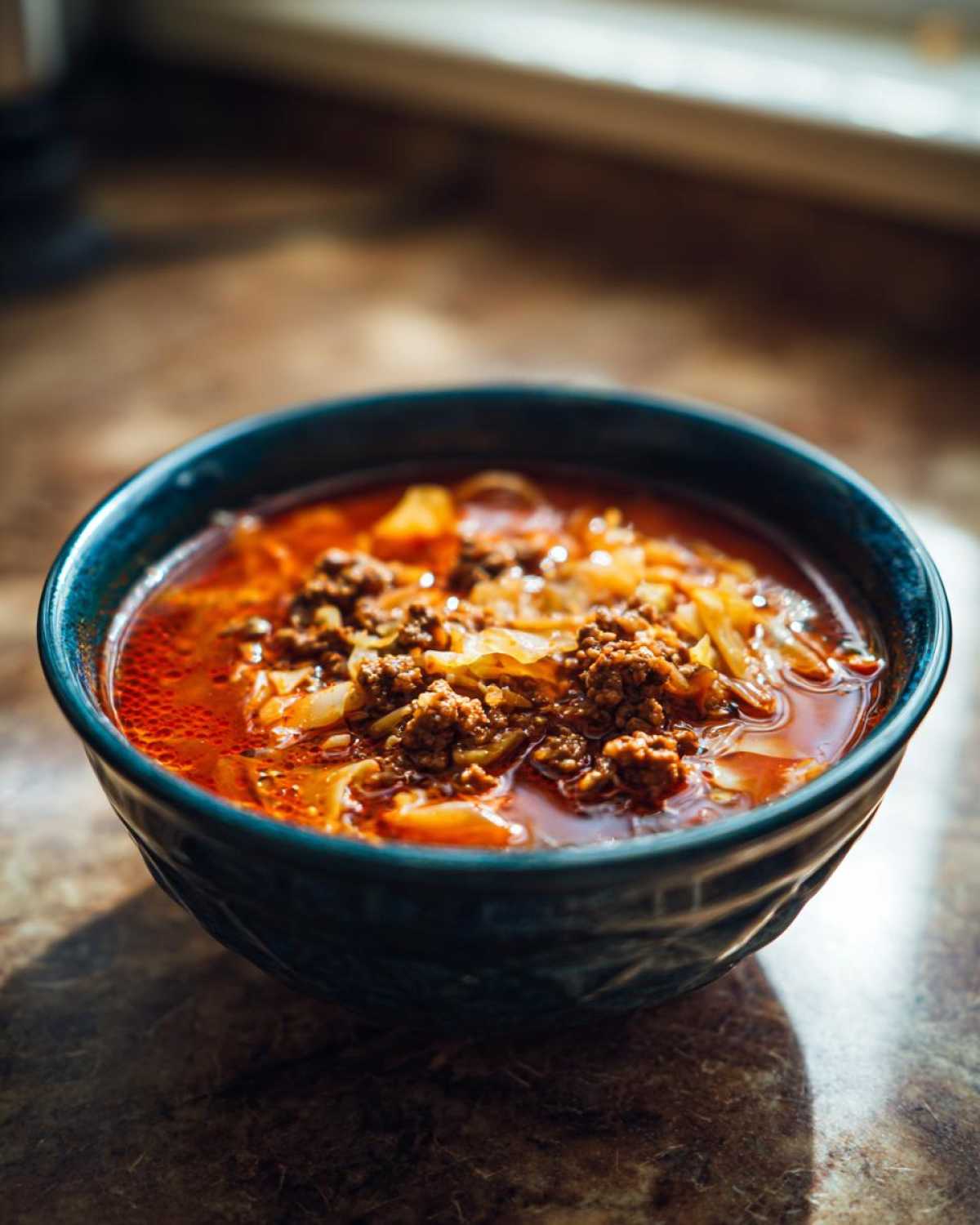 Close-up of a deep blue bowl filled with rich, red Golumpki Soup, topped with ground meat and shredded cabbage.