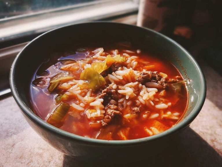 Close-up of a dark green bowl filled with steaming Golumpki Soup, featuring ground meat, white rice, and cabbage in a rich tomato broth.