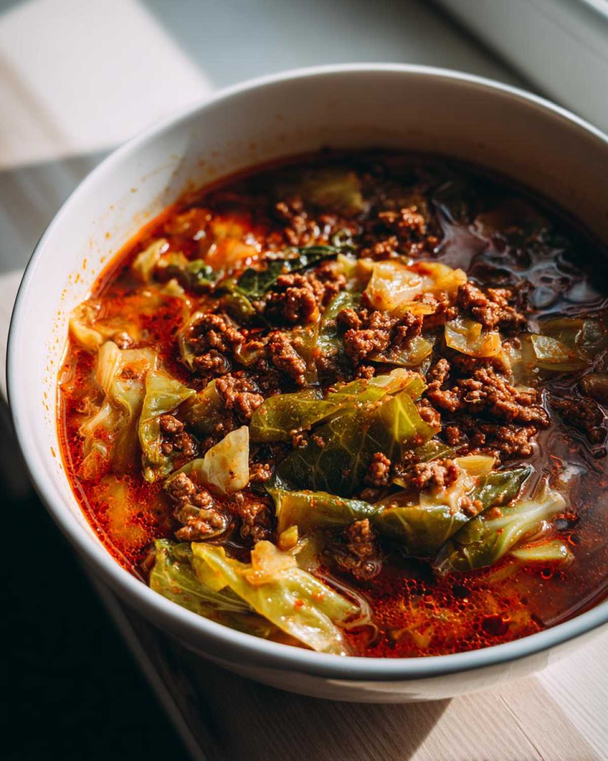 Close-up of a hearty bowl of Golumpki Soup featuring ground meat and tender cabbage in a rich, reddish broth.