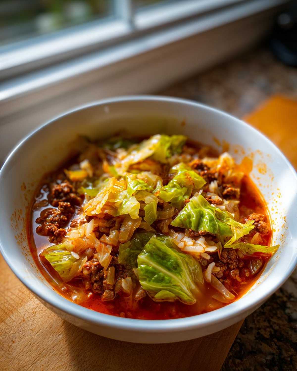 A close-up of a white bowl filled with rich, red Golumpki Soup featuring ground meat, rice, and bright green cabbage pieces.