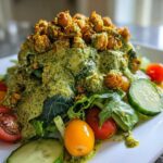 A vibrant mound of Green Goddess Salad topped generously with creamy dressing and crispy chickpeas.
