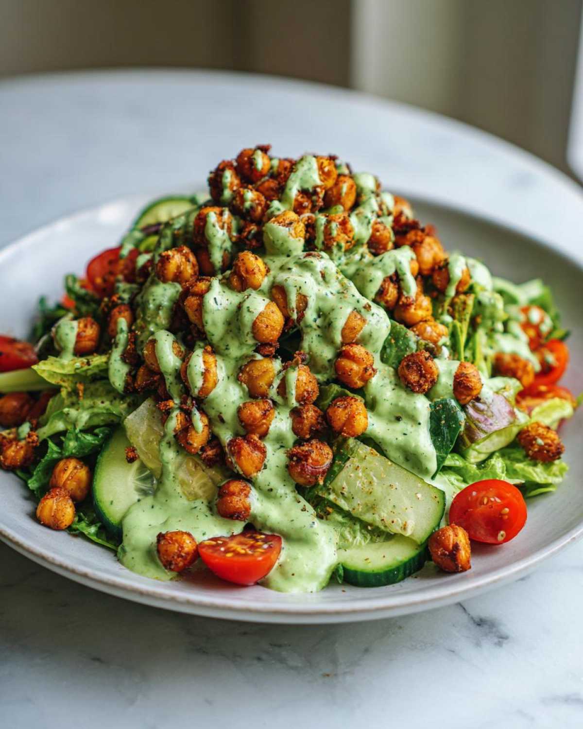 A vibrant Green Goddess Salad generously topped with creamy dressing and crispy chickpeas.
