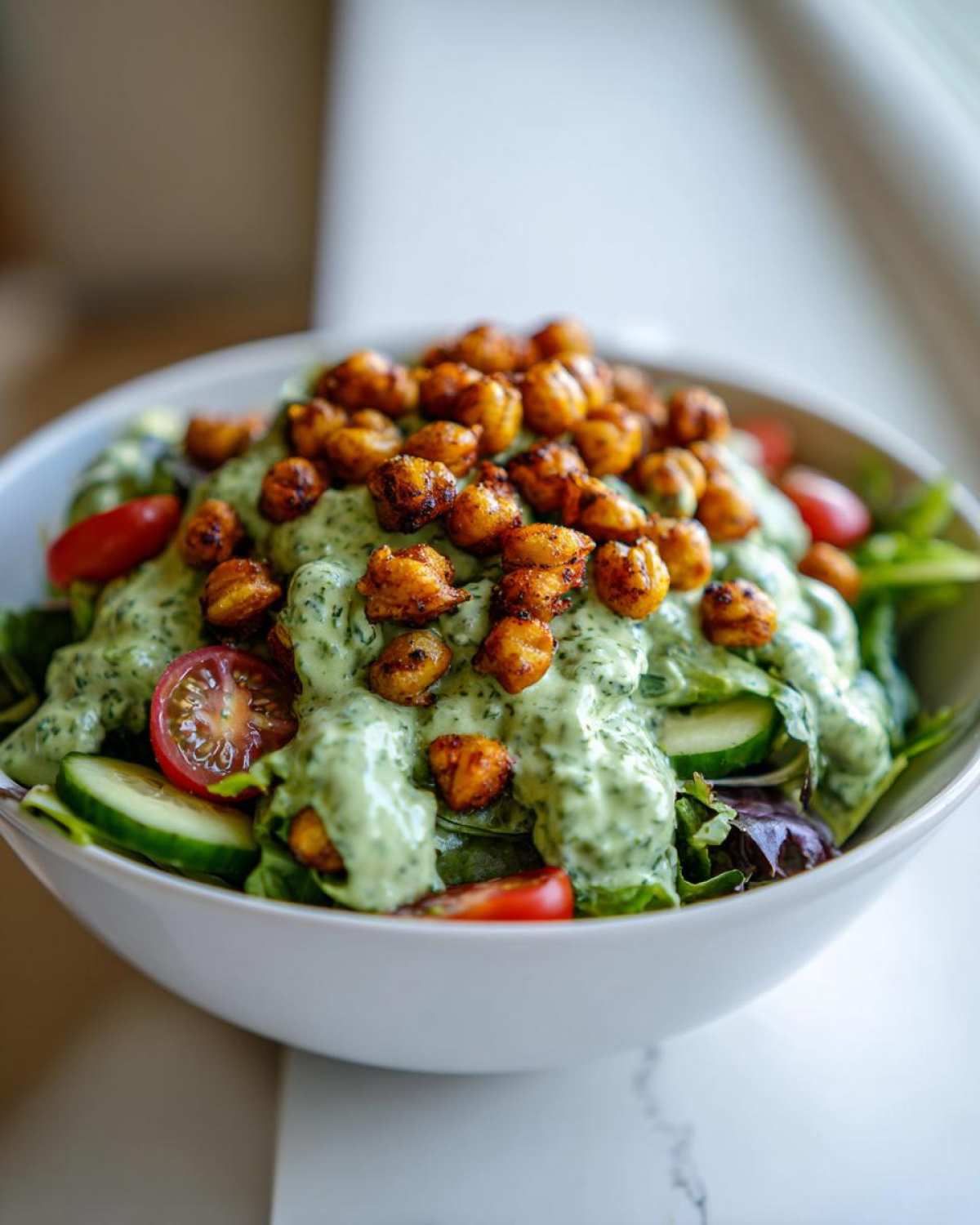 A white bowl filled with Green Goddess Salad topped generously with creamy green dressing and crispy chickpeas.