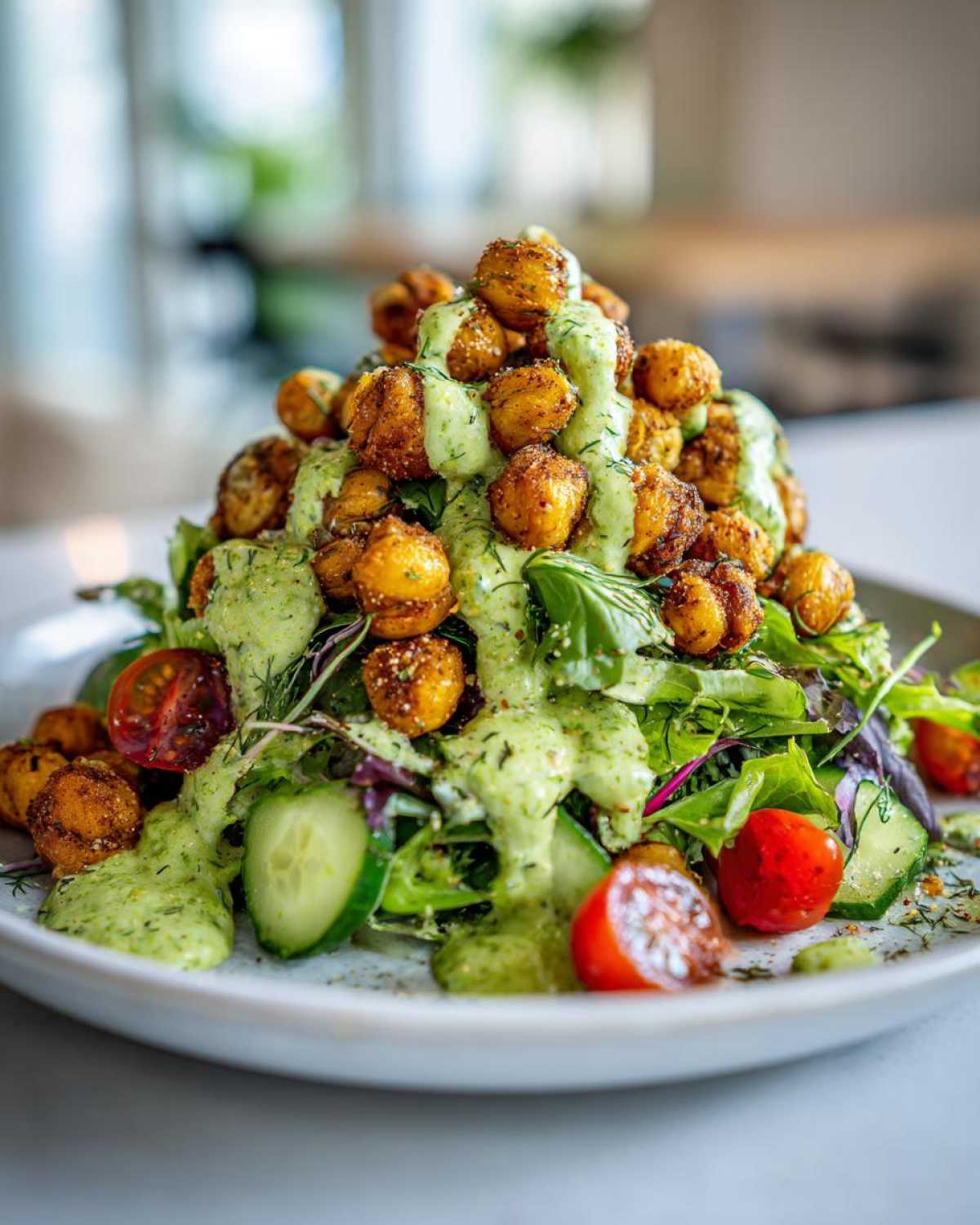 A vibrant Green Goddess Salad topped high with crispy chickpeas and drizzled with creamy green dressing.