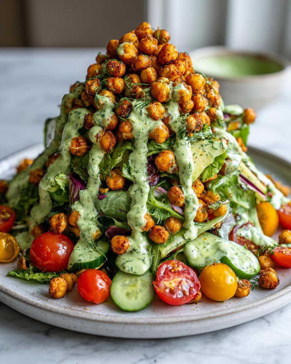 Towering Green Goddess Salad with crispy chickpeas piled high and drizzled with creamy green dressing.