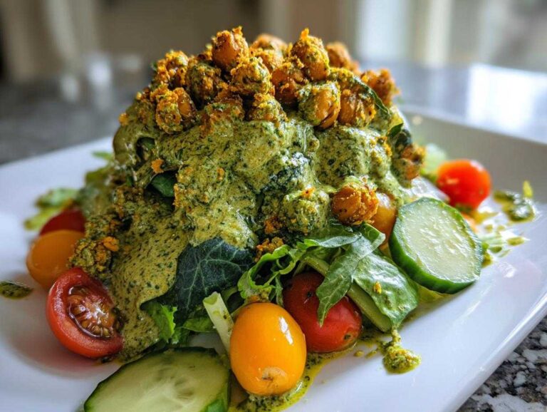 A vibrant mound of Green Goddess Salad topped generously with creamy dressing and crispy chickpeas.