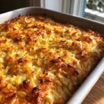 Close-up of baked Hash Browns in Oven with Cheesy Crust, showing a golden-brown, crispy top.