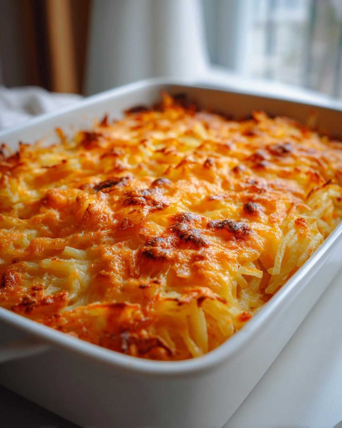 Close-up of golden brown Hash Browns in Oven with Cheesy Crust baked in a white rectangular dish.
