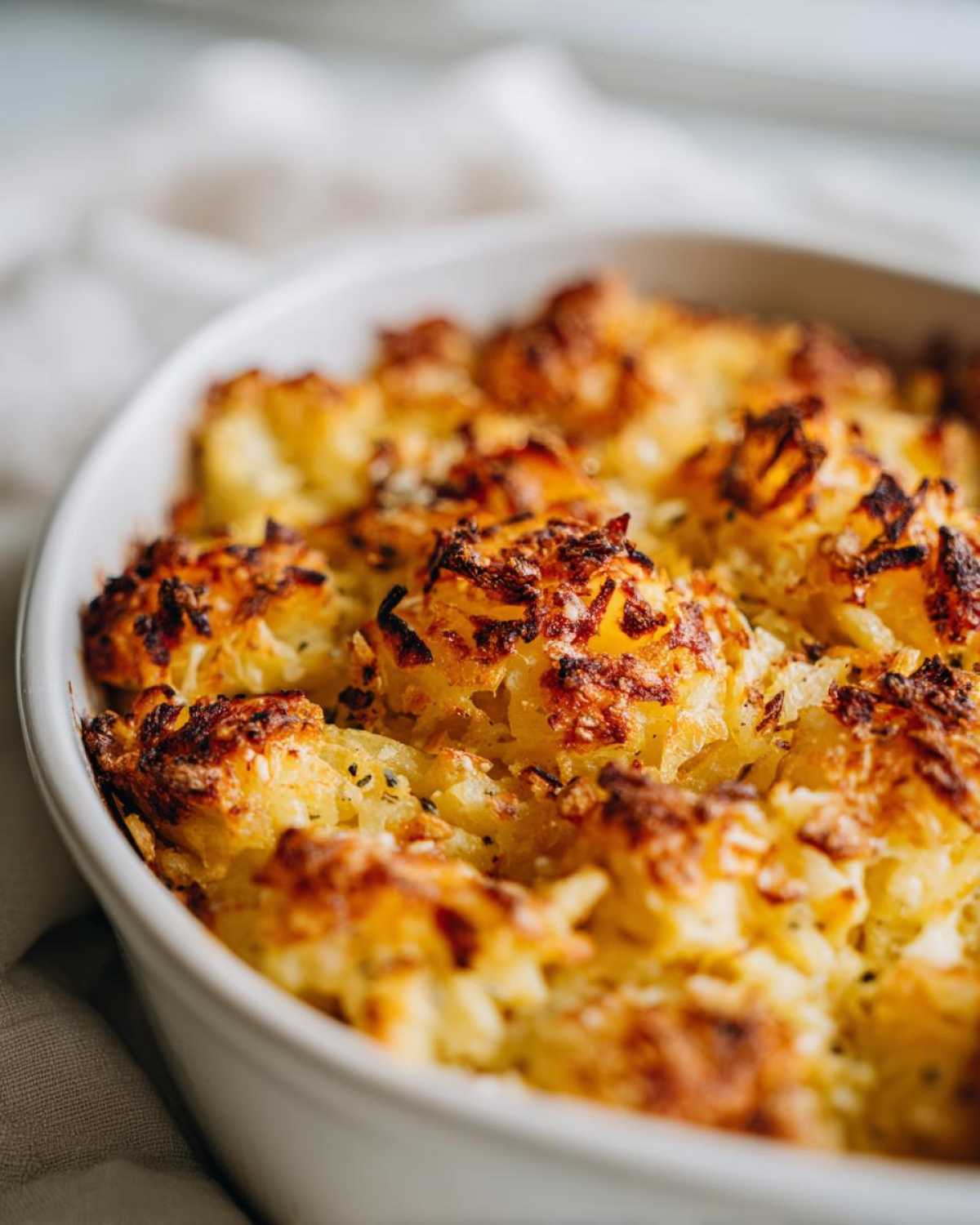 Close-up of golden brown Hash Browns in Oven with Cheesy Crust baked in a white oval dish.