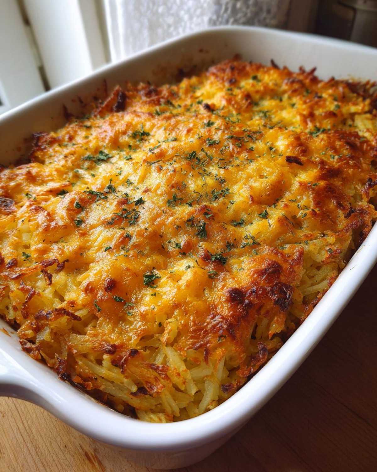 Close-up of baked Hash Browns in Oven with Cheesy Crust, topped with melted cheddar and parsley.