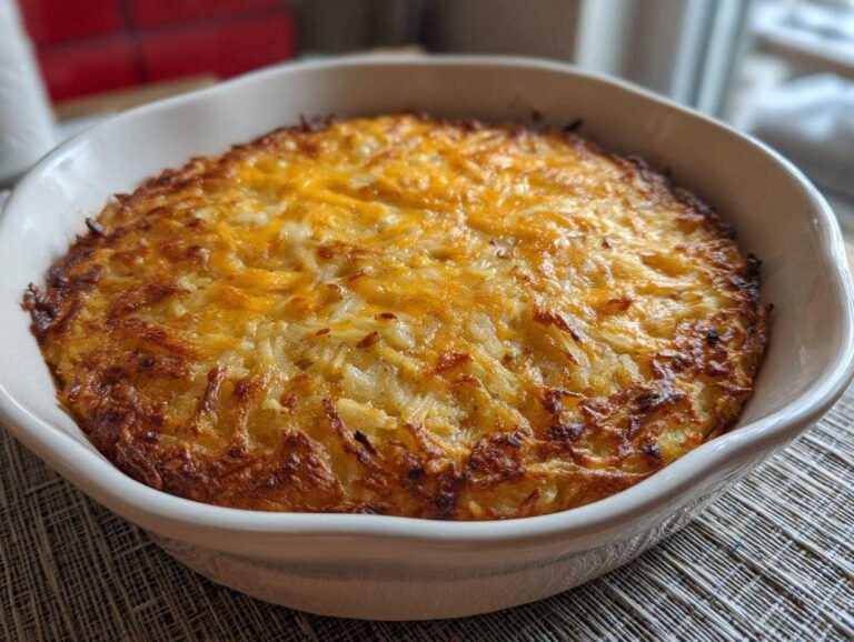 A close-up of golden brown Hash Browns in Oven with Cheesy Crust baked in a white oval casserole dish.