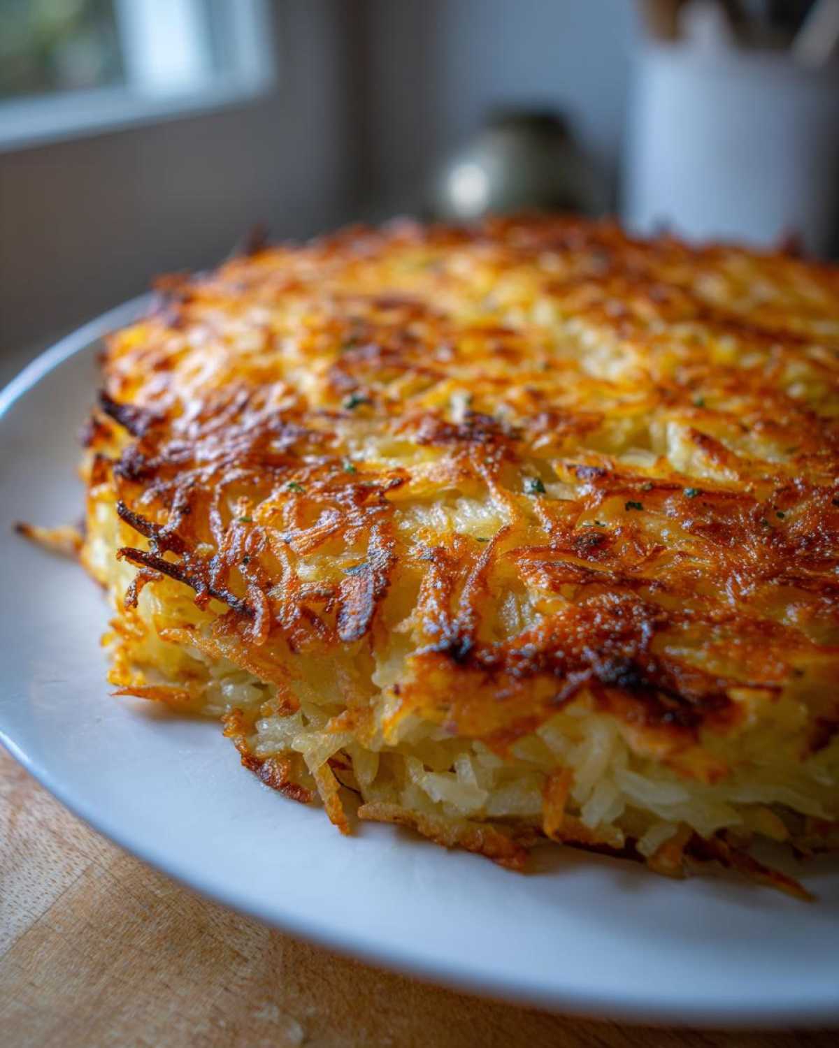 Close-up of a thick, baked portion of Hash Browns in Oven with Cheesy Crust, showing golden-brown crispy edges.