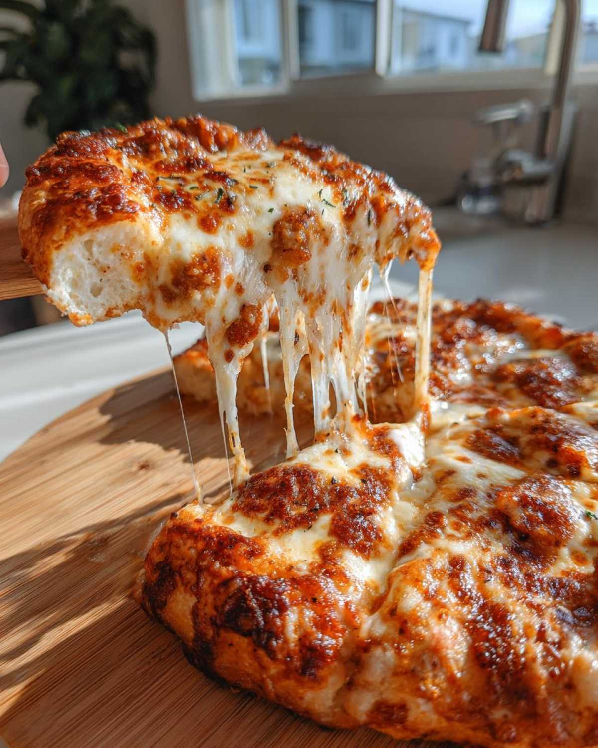 A slice of High-Protein Chicken Parm Pizza being lifted, showing extreme cheese pull and browned topping.