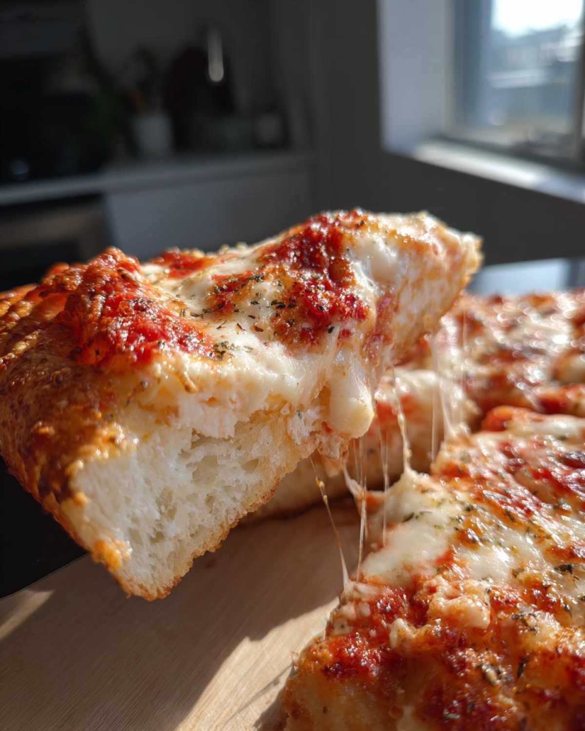 A slice of High-Protein Chicken Parm Pizza being lifted, showing a dramatic cheese pull and thick crust.