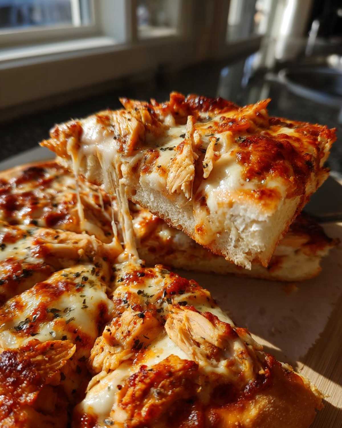 A slice of High-Protein Chicken Parm Pizza is lifted, showing a dramatic cheese pull over the remaining pieces.